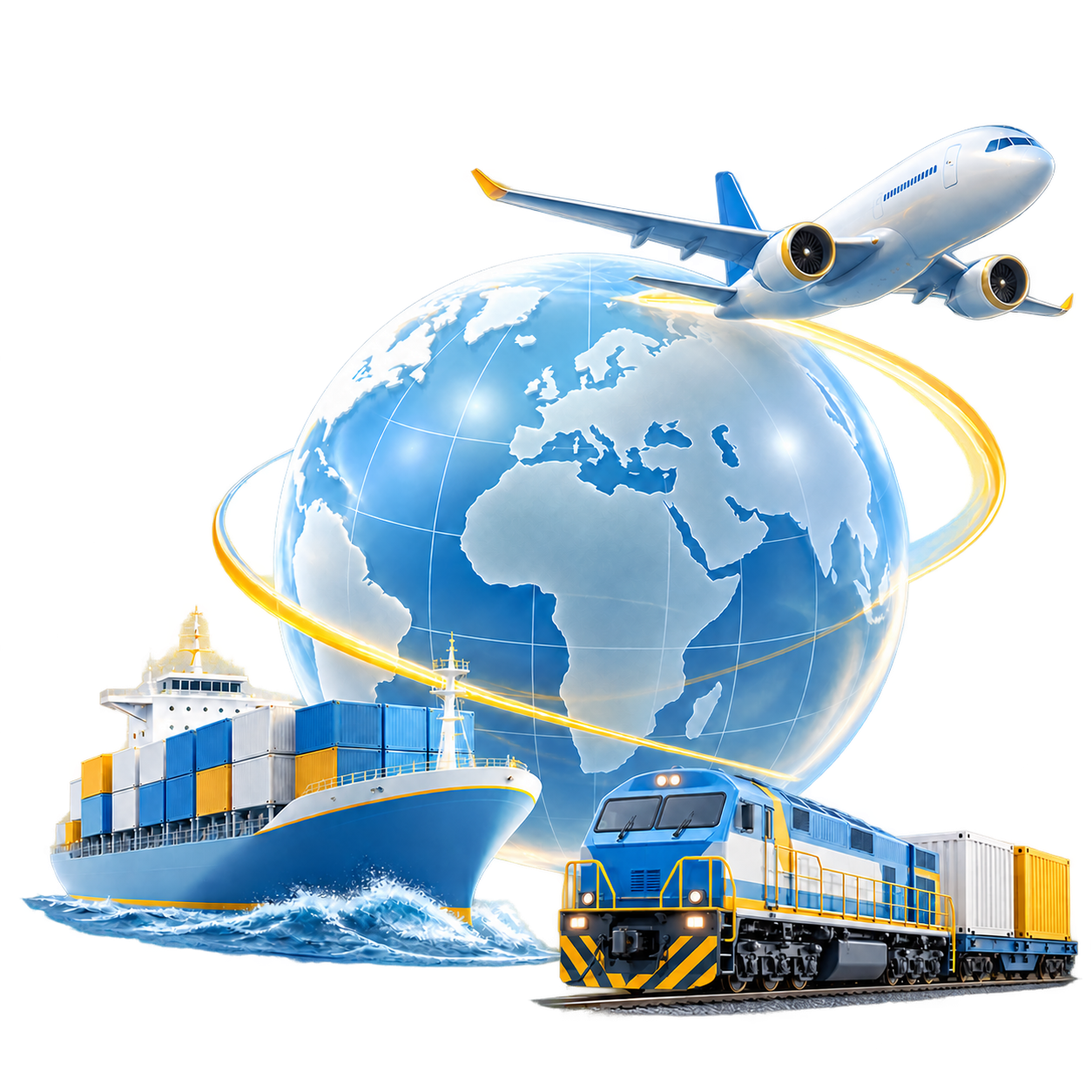 Global trade: a globe, airplane, cargo ship and freight train