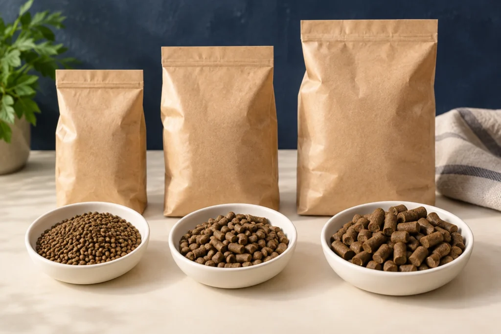 Illustrative fish feed pellet samples in three dishes with plain sample bags