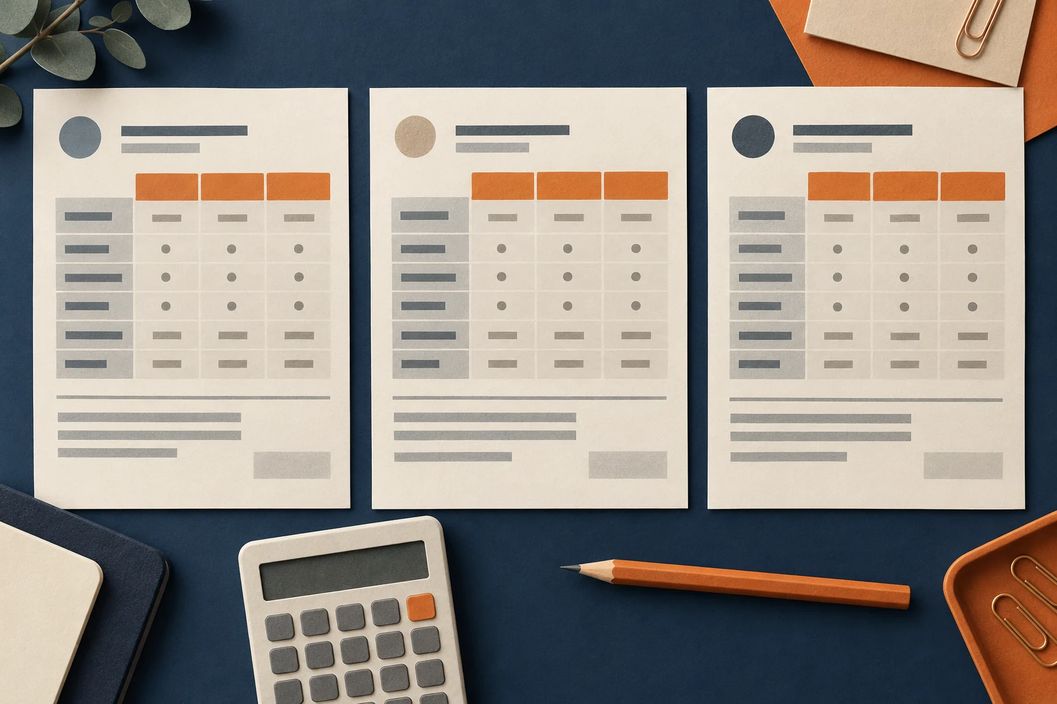 Illustration of three quotation sheets arranged for comparison with a calculator