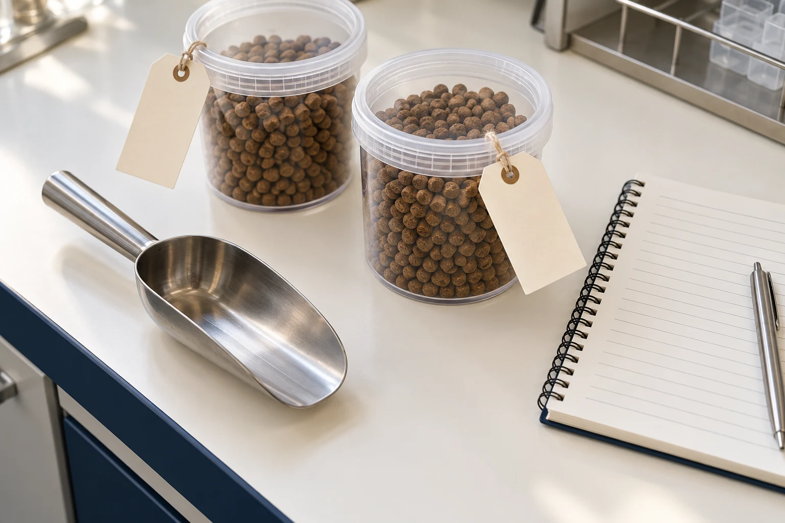 Illustrative feed sample containers with identification tags and a recording notebook