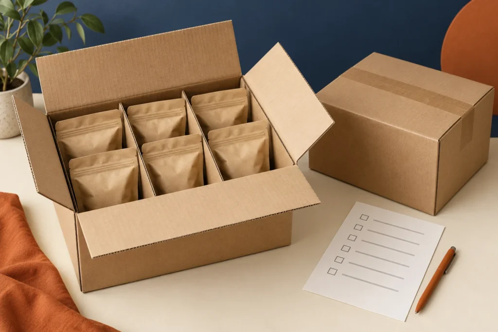 Illustrative export carton containing sealed pouches and protective dividers