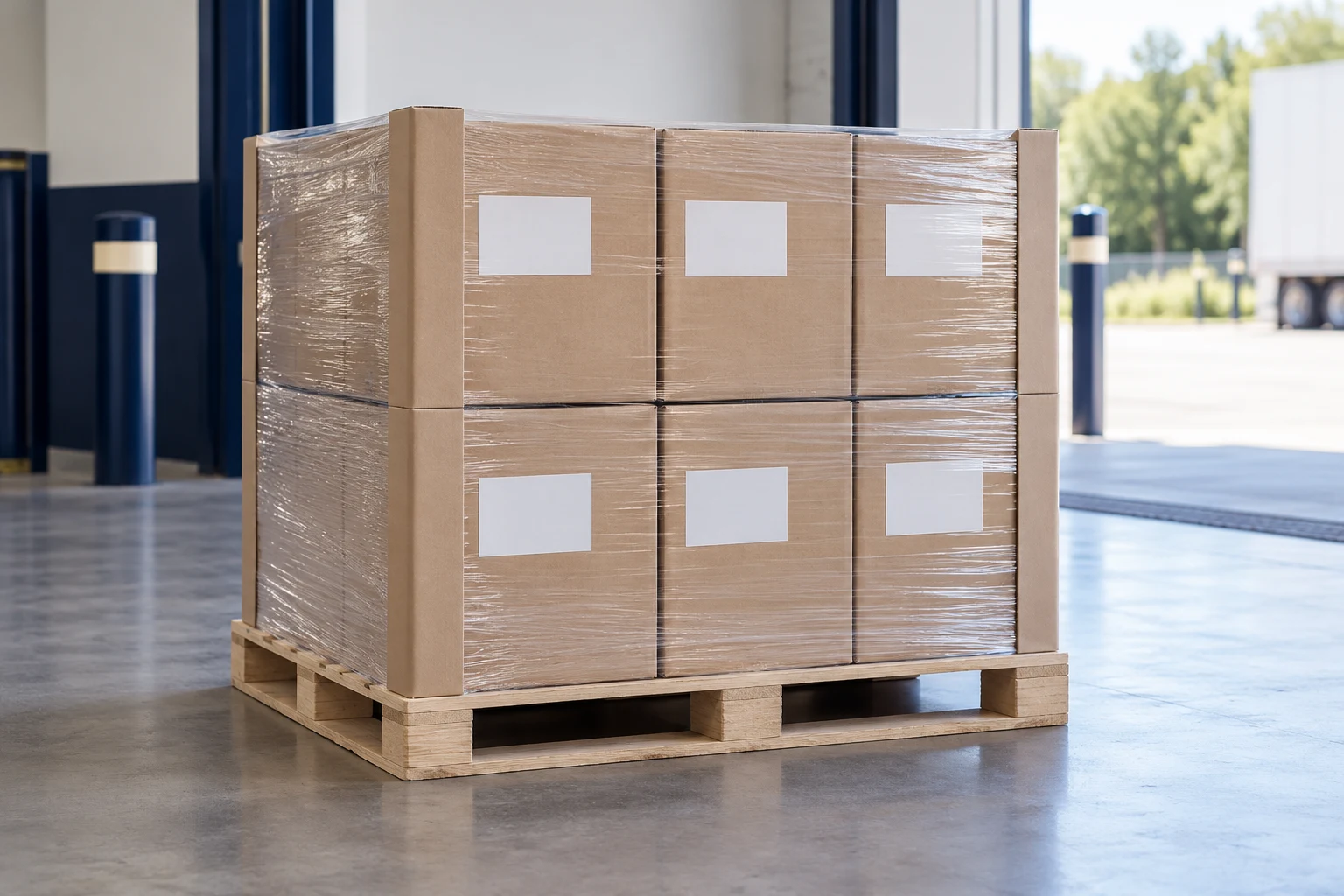 Illustrative pallet of closed cartons with corner protection and stretch wrapping