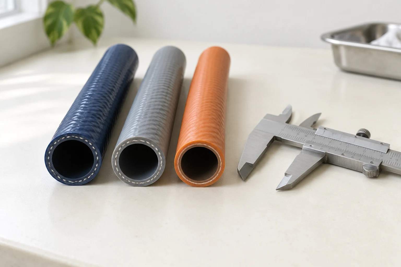 Illustrative hose cross-sections beside a caliper for comparing dimensions