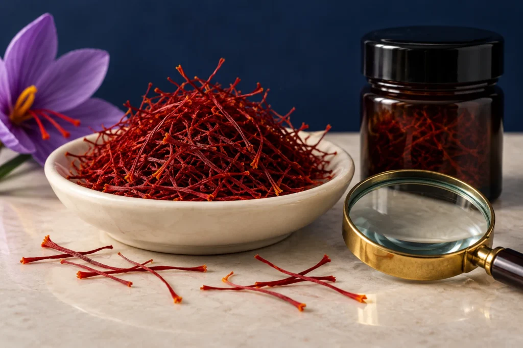 Illustrative saffron threads beside a sample jar and magnifying glass