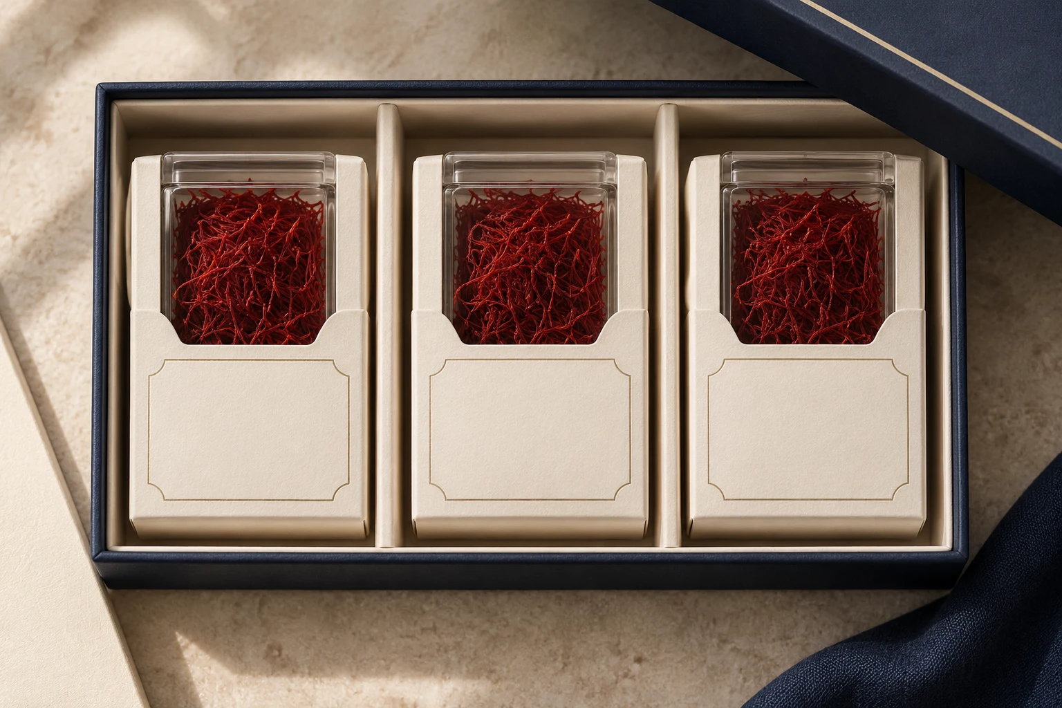 Illustrative saffron retail containers held in protective sleeves and a divided presentation tray