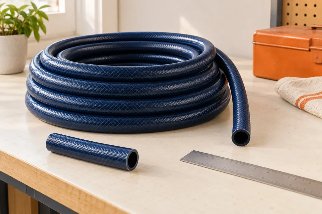 Illustrative coil of water hose with an open tube sample and measuring ruler