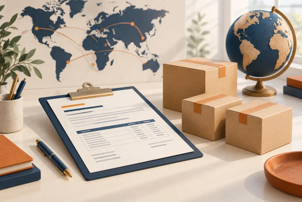 Conceptual illustration of a quotation checklist, sample cartons and a globe